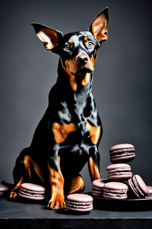a Dobermann dog sitting on a black surface, light grey background, black, Dobermann dog, dog sitting in a surface, a handsome, Dobermann dog, proud looking, thick, sitting down casually, full body, a couple of black macarons sitting on top of a table, dark-toned product photos, dark and moody aesthetic, dark moody monochrome colors, charcoal skin, black macaron, dark themed, dark monochrome color palate, dark and moody colors,
