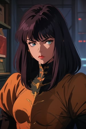 (Best quality) (masterpiece) The most beautiful medieval dark princess portrait in 1980 anime style, pulp art, dark fantasy, black armor, retro anime, vintage anime, lineart , dark fantasy, dark mood, sexy woman, anime still frame, gothic, cinematic, detailed, digital art , dark theme, retro,Endsinger,retro