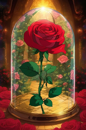 (Best quality) (masterpiece) A beautiful red rose in a glass dome scene in the 1990 anime show, 1990 anime, retro anime, fairytale, Classic fairytale, dark fairytale , ominous background 