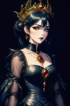 A 1980 Anime still frame of a beautiful and sexy vampire queen with exotic gothic jewelry in a dark studio ghibli style, extremely delicate and pretty female face, avant garde, close shot, dark steampunk, dark fantasy, dark fairytale, creative pose and costume design inspired by gothic aesthetic, dramatic lighting, ,ghibli,(best quality