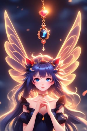 (Best quality) (masterpiece) A beautiful (dark) fairy portrait scene in the 1990 anime show, fairy wings, dark fantasy, vintage anime (1990s anime) , retro anime, fairytale, Classic fairytale, dark fairytale , ominous background ,Magical Fantasy style,fairy,butterfly_wings,EpicSky,Spirit Fox Pendant,cloud,Flat Design