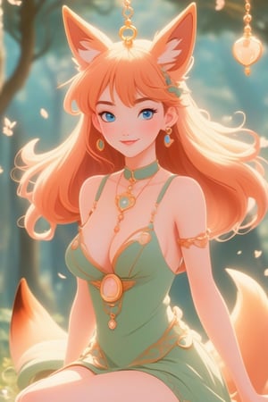 A beautiful sexy nymph full body shot in 1990 anime style by Disney, retro anime,  medieval fantasy, vintage anime, fairytale, magical, dreamy, royalty, flat colors ,Beautiful girl , sexy girl ,Flat Design,dfdd,Magical Fantasy style,2d_animated,Spirit Fox Pendant