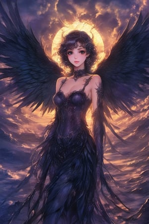 (Best quality) (masterpiece) A beautiful dark Fallen angel portrait scene in the 1990 anime show, dark fantasy, vintage anime, 1990s anime , retro anime, fairytale, Classic fairytale, dark fairytale , magical fantasy style, ominous background,pencil sketch, ,horror,2d_animated,EpicSky , beautiful girl, 