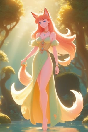 A beautiful sexy nymph full body shot in 1990 anime style by Disney, retro anime,  medieval fantasy, vintage anime, fairytale, magical, dreamy, royalty, flat colors ,Beautiful girl , sexy girl ,Flat Design,dfdd,Magical Fantasy style,2d_animated,Spirit Fox Pendant