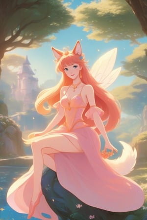 A beautiful sexy nymph full body shot in 1990 anime style by Disney, retro anime,  medieval fantasy, vintage anime, fairytale, magical, dreamy, royalty, flat colors ,Beautiful girl , sexy girl ,Flat Design,dfdd,Magical Fantasy style,2d_animated,Spirit Fox Pendant