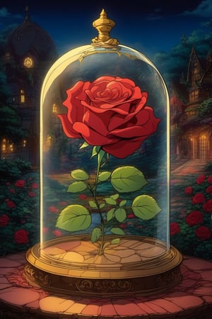 (Best quality) (masterpiece) A beautiful red rose in a glass dome scene in the 1990 anime show, 1990 anime, retro anime, fairytale, Classic fairytale, dark fairytale , ominous background 