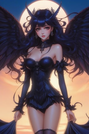 (Best quality) (masterpiece) The most beautiful vampiric dark angel portrait in 1980 anime style, dark fairy tale, black armor, royalty jewelry, retro anime, vintage anime, lineart , dark mood, sexy woman, anime still frame, gothic, cinematic, detailed, dark theme, retro  ,horror, scary ,Magical Fantasy style,Beautiful girl, Angel ,Angel 