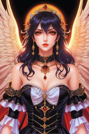 (Best quality) (masterpiece) The most beautiful vampiric dark angel portrait in 1980 anime style, dark fairy tale, black armor, royalty jewelry, retro anime, vintage anime, lineart , dark mood, sexy woman, anime still frame, gothic, cinematic, detailed, dark theme, retro  ,horror, scary ,Magical Fantasy style,Beautiful girl, Angel ,Angel ,Beautiful girl 