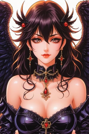 (Best quality) (masterpiece) The most beautiful vampiric dark angel portrait in 1980 anime style, dark fairy tale, black armor, royalty jewelry, retro anime, vintage anime, lineart , dark mood, sexy woman, anime still frame, gothic, cinematic, detailed, dark theme, retro  ,horror, scary ,Magical Fantasy style,Beautiful girl, Angel ,Angel ,Beautiful girl 