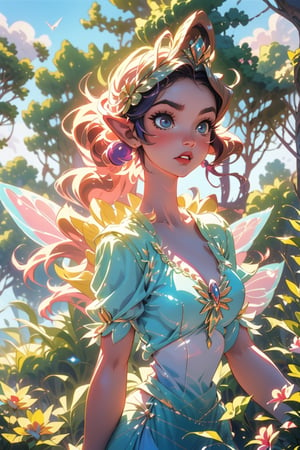 A beautiful fairy princess in 1990 anime style by studio ghibli, retro anime, dark fantasy, vintage anime, 1990 Disney, dark fairytale, magical, golden jewelry, royalty, princess, beautiful woman, fairy 