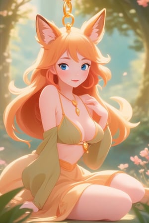 A beautiful sexy nymph full body shot in 1990 anime style by Disney, retro anime,  medieval fantasy, vintage anime, fairytale, magical, dreamy, royalty, flat colors ,Beautiful girl , sexy girl ,Flat Design,dfdd,Magical Fantasy style,2d_animated,Spirit Fox Pendant