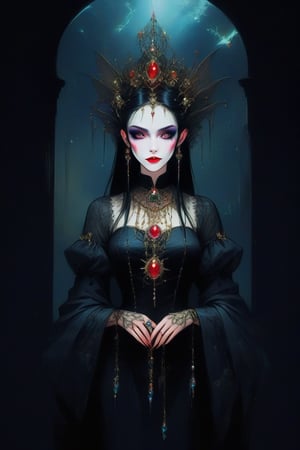 A 1980 Anime still frame of a beautiful and sexy vampire queen with exotic gothic jewelry in a dark studio ghibli style, extremely delicate and pretty female face, avant garde, dark steampunk, dark fantasy, dark fairytale, creative pose and costume design inspired by gothic aesthetic, dramatic lighting, ,ghibli