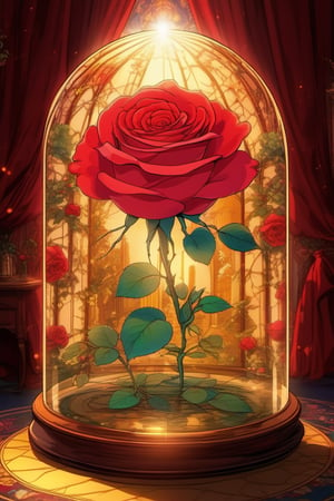 (Best quality) (masterpiece) A beautiful red rose in a glass dome scene in the 1990 anime show, 1990 anime, retro anime, fairytale, Classic fairytale, dark fairytale , ominous background 