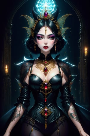 A 1980 Anime still frame of a beautiful and sexy vampire queen with exotic gothic jewelry in a dark studio ghibli style, extremely delicate and pretty female face, avant garde, close shot, dark steampunk, dark fantasy, dark fairytale, creative pose and costume design inspired by gothic aesthetic, dramatic lighting, ,ghibli