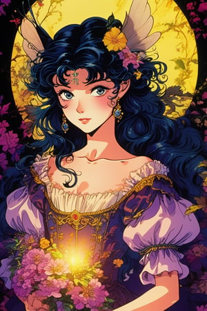 (Best quality) (masterpiece) A beautiful dark fairy portrait scene in the 1990 anime show, 1990 anime, retro anime, fairytale, Classic fairytale, dark fairytale , ominous background 