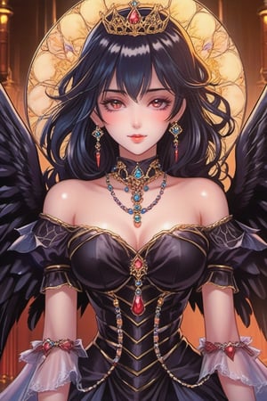 (Best quality) (masterpiece) The most beautiful vampiric dark angel portrait in 1980 anime style, dark fairy tale, black armor, royalty jewelry, retro anime, vintage anime, lineart , dark mood, sexy woman, anime still frame, gothic, cinematic, detailed, dark theme, retro  ,horror, scary ,Magical Fantasy style,Beautiful girl, Angel ,Angel ,Beautiful girl 