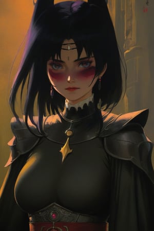 Best quality, masterpiece, The most beautiful dark knight woman portrait in 1980 anime style by studio ghibli, dark fantasy, black armor, retro anime, vintage anime, lineart , dark fantasy, dark mood, sexy woman, gothic, dramatic, cinematic, detailed, digital art , horror, dark theme,scary ,girl,danknis,horror,dark theme,1girl,red theme,scary