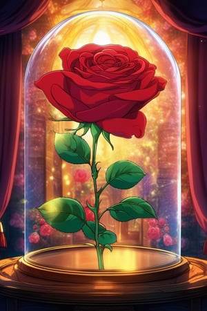 (Best quality) (masterpiece) A beautiful red rose in a glass dome scene in the 1990 anime show, 1990 anime, retro anime, fairytale, Classic fairytale, dark fairytale , ominous background 