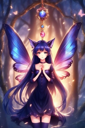 (Best quality) (masterpiece) A beautiful (dark) fairy portrait scene in the 1990 anime show, fairy wings, dark fantasy, vintage anime (1990s anime) , retro anime, fairytale, Classic fairytale, dark fairytale , ominous background ,Magical Fantasy style,fairy,butterfly_wings,EpicSky,Spirit Fox Pendant,cloud