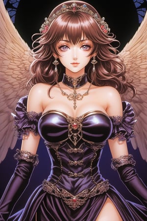 (Best quality) (masterpiece) The most beautiful dark angel portrait in 1980 anime style, dark fairy tale, black armor, royalty jewelry, retro anime, vintage anime, lineart , dark mood, sexy woman, anime still frame, gothic, cinematic, detailed, dark theme, retro  ,horror, scary, Angel ,Angel ,Magical Fantasy style,Beautiful girl 