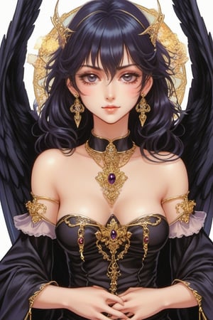 (Best quality) (masterpiece) The most beautiful dark angel portrait in 1980 anime style, dark fairy tale, black armor, royalty jewelry, retro anime, vintage anime, lineart , dark mood, sexy woman, anime still frame, gothic, cinematic, detailed, dark theme, retro  ,horror, scary, Angel ,Angel ,Magical Fantasy style