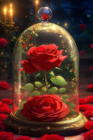 (Best quality) (masterpiece) A beautiful red rose in a glass dome scene in the 1990 anime show, 1990 anime, retro anime, fairytale, Classic fairytale, dark fairytale 