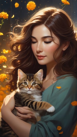 Woman with long wavy brown hair lovingly holding a tabby kitten, cat adoption, confetti,mexican marigolds, happy adoption anniversary, concept art, dynamic scene, charlie bowater, marc simonetti and yoji shinkawa and wlop, light motes, atmospheric, perfect composition, focus on cat, focus on loving emotion, gratitude and close connection, supportive, falling confetti