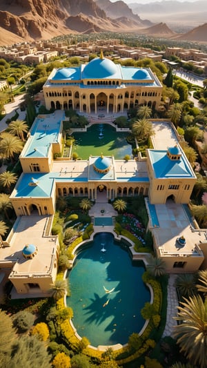 Aerial view of a majestic Middle Eastern desert palace perched atop a green mountain oasis, bathed in cerulean sky's soft light. The regal structure's blue-gold-yellow hues glisten against the vast expanse. Below, a grand plaza unfolds: vibrant flower gardens, reflecting pools, and a three-tiered fountain teeming with colorful koi fish swimming beneath glittering sunlight. Luxury abounds, with spacious parking areas filled with sleek sedans and supercars, long driveways culminating in imposing iron gates, and meticulous attention to detail on each window, door, and tower, showcasing the palace's extraordinary architectural design.