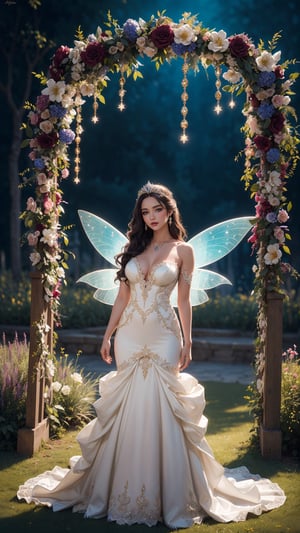 (((Stunningly Beautiful Fairy Princesss))),Story, Beautiful bride posing under a fairy tale arch of exotic magical flowers, elaborate scene style, glitter, transparent burgundy lace, realistic style, 8k,exposure blend, medium shot, bokeh, (hdr:1.4), high contrast, cinematic, (deep colors, vibrant colors, soothing tones:1.3), deep saturation, (hyperdetailed:1.2), (noir:0.4)