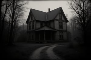 A black and white grainy vintage photo of a decrepit sinister haunted house, ghostly presence, shadowy evil creepy horror atmosphere, underexposed