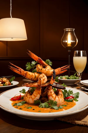 a fine dining 8k restaurant scene , Create a stunning 8K ultra-realistic food photograph featuring thai-style grilled curry king prawns with chilly, beautifully decorated with intricate details. The composition should reflect Michelin-star presentation, with a focus on exquisite plating and attention to detail reminiscent of Todd Porter´s and Diane Cu´s signature style. Capture the essence of culinary artistry. Lighting techniques include soft, ambient restaurant lighting, creating a luxurious atmosphere. The scene is hyper-detailed, showcasing the culinary artistry and craftsmanship of the fine dining experience. The resolution is 8k, delivering a visually refined and indulgent culinary experience.