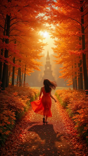 In this breathtaking masterpiece, a vibrant autumn forest unfurls before us. A complex interplay of light dances across the scene, casting warm, golden hues upon the maple leaves as they gently sway in the breeze. The camera's gaze is drawn to a joyful woman, resplendent in her bright red summer dress, as she runs down the winding path, her long black hair flowing behind her like a river of night. The atmosphere is cozy and inviting, with a daytime sky ablaze in a kaleidoscope of colors, reflecting perfectly off the leaves. In the distance, fantastical elements rise from the landscape, creating an ethereal depth of field that seems to defy gravity. As the sun sets, its final rays cast a golden glow upon our heroine, bathing her in a warm, radiant light,Midjourney_Whisper