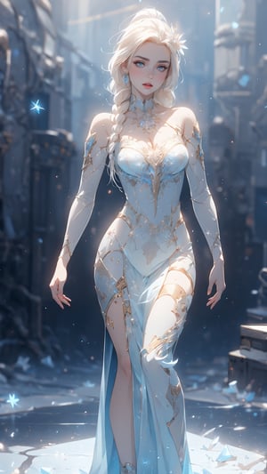 (intricate detailed:1.2), highly detailed,
perspective, detailed background, background blur, focus, blurry background, (vibrant color:1.2), depth of field, Full body realistic photo of beautiful Elsa from Frozen, walking looking back, Lily Collins, Morena Baccarin, platinum blonde braideded hair, 
tight suit, icy blue colors, ice blue metal, glass scifi Space helmet, dynamic power pose, mirrored floor, and the anime series ace, Fantastic Surrealism, Post-apocalyptic, Bio-Robotic Art, Fantasy Digital Painting, alien ice planet Landscapes, Surrealism, Biomechanical Sculpture, Kemono, Beautiful Girl Turned to the Camera, Blue Background, intricate snowflake patterns, Glass weapons, 3D Vector Art, Greg Rutkowski,  Detailed face, Detailed eyes, 1 girl, yuzu