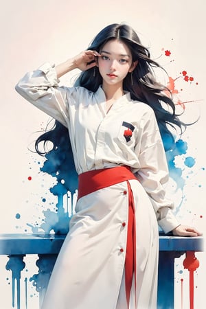 extreme detailed, (masterpiece), (top quality), (best quality), (official art), (beautiful and aesthetic:1.2), (stylish pose), (1 woman), (colorful), (red-white theme: 1.5), ppcp, medium length skirt, 	looking into distance, long wavy black hair, 
perfect,ChineseWatercolorPainting,Chromaspots