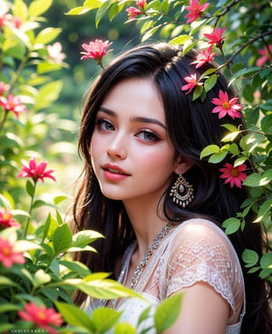 Protrait, photograph, oval jaw, delicate features, beautiful face, long bangs, long ponytail, bright blue-green eyes, hindu art, Korean,1 girl