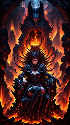 Lilith, Queen of Hell, sits regally on a throne crafted from Xenomorph Skulls and flame-kissed wood, amidst a vortex of fiery chaos, with raven tresses cascading like night's veil, against a backdrop of smoldering darkness. The cavernous vaulted chamber is bathed in an eerie glow from dancing embers and lava flowing like a liquid inferno.