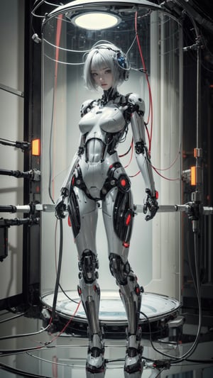 1girl, ghost in the shell, beautiful face, pale skin, short bob sleek black_hair, svelte robotic body, full body, sitting, wires, robotic legs, robotics arms, robotic body, robotic hands, futiristic, robotic, mechanical, armored, standing, expressionless face, deadly robotic body, black ceramic led schematic robotic body, standing alone, inside a glass robotics Fusion laboratory, (wires), arms and legs restrained in a vitruvian harness, concentric glass ring containment chamber, straight leg,mecha,glasstech
