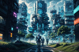 cyborg humans roam around the streets and stand in front of an avenue of a future city in the year 2525 with green bushes. no_humans,Enhance,CyberpunkWorld,Add more detail