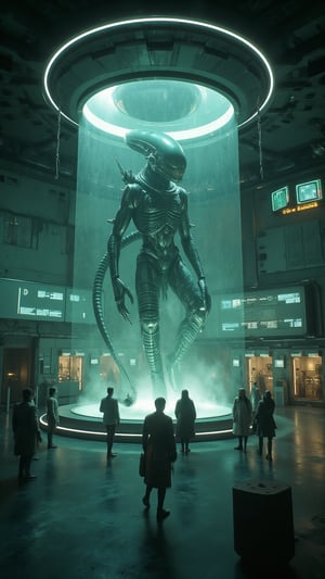 A cinematic scene of scifi Wonder, A dimly lit, circular chamber pulsates with anticipation, the air thick with tension. A raised glass platform at its center cradles a colossal Alien Xenomorph Queen suspended in a beam of light stasis. The room's walls are lined with sleek titanium pillars topped with glowing screens displaying cryptic code and digital readouts. Eerie green-glowing monitors cast an otherworldly ambiance, while futuristic computer equipment hums softly, processing secrets. Scientists in white lab coats and heavily armed guards move cautiously around the Alien specimen, their footsteps echoing through the silence,sci_fic