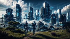 cyborg humans roam around the streets and stand in front of an avenue of a future city in the year 2525 with green bushes. no_humans,Enhance,CyberpunkWorld,Add more detail