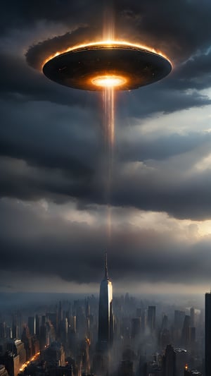 A golden-lit UFO, radiating an otherworldly aura, hovers ominously above the Manhattan skyline as it unleashes a barrage of intense laser beams, incinerating a towering skyscraper in a blaze of fire and smoke. Explosions rip through the air, sending debris flying in all directions as the cityscape crumbles beneath the extraterrestrial attack. A foreboding gloomy sky looms overhead, casting a dark shadow over the apocalyptic scene.