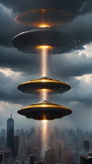 Against a foreboding, gloomy sky, a hyper-detailed, photorealistic, ultra-photoreal golden UFO hovers above the iconic New York City skyline, its sleek surface glistening under cinematic shading. As it descends, laser beams shoot out, obliterating a towering skyscraper with devastating force. The air is filled with intense explosions and debris, as concrete and steel crumble to the ground.