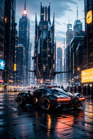 photorealistic, realistic batmobile racing down the street, vehicle focus, science fiction, scenery, road, motion blur, building, outdoors, helicopter, sky, cloud, realistic, night, futuristic Gotham city skyscrapers, cyberpunk