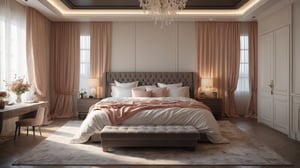 Wide angle high overhead view, create a hyper Realistic photo of a most attractive huge luxurious bedroom with white walls, curtains drawn, ( dim night time indoor lighting: 1.6 ), (dark outside: 1.5), 1 huge messy bed with rumpled sheets, cream white peach pastel colors, dark shadows, trending on artstation, digital art, modern, sleek, highly detailed, formal, fairy tone