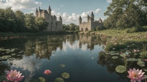 professional photo from the medieval era, a stone castle, realistic, a crystalline lake runs nearby with green vegetation, waterlillies, flowers, large trees, cinematic