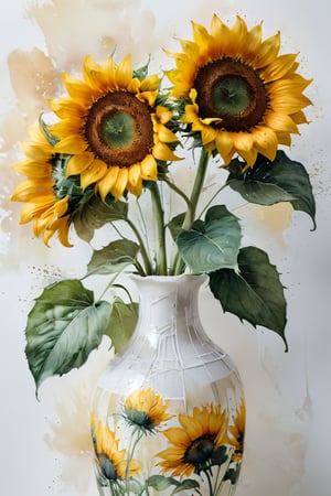 A close-up shot of a majestic sunflower arrangement in a delicate vase, set against a minimalist white background. Soft, whispery ink lines and gentle watercolor washes bring the petals to life, while the surrounding space remains starkly simple. The sunflowers' tall stature is emphasized by the lack of human presence, allowing their natural beauty to shine. Stunning strokes of ink dance across the frame, weaving a masterpiece that's nothing short of breathtaking.