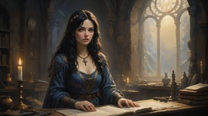 Award-winning waist-up photograph of a rugged fantasy Sorceress, worn and weathered, donning torn, tattered robes that belie her age. Long, blackhair cascades down her face, mingling with a dress that's equally venerable. Her piercing blue eyes seem to bore into the soul. In the foreground, ancient tomes and dusty scrolls litter the wooden desk, while in the background, a grand window frames the wizard's lair, bathing everything in warm, golden light. Magical artifacts glint on the table, reflecting the soft luminescence. Shining skin and high contrast create a sense of wonder, as if the very fabric of magic is about to bloom forth from this whimsical scene, where chromatic aberration adds an otherworldly sheen, and sharp focus draws the viewer in, like a moth to flame. Backlighting creates a halo around the wizard's head, imbuing her with an aura of wisdom and mystique,nodf_xl,more detail XL