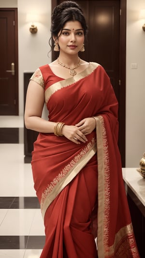 create a hyper realistic vertical photo of an incredibly attractive elegant beautiful plus size Indian woman in her 40s, updo bun hair, trending on artstation, full body portrait, professional photography, modern, sleek, highly detailed, formal, determined, wearing a red cotton saree, in a luxurious hotel lobby, fairy tone, serene gaze, sweet smile, anne hathway,Indian,Btflindngds,brown eyes, overhead wide angle view