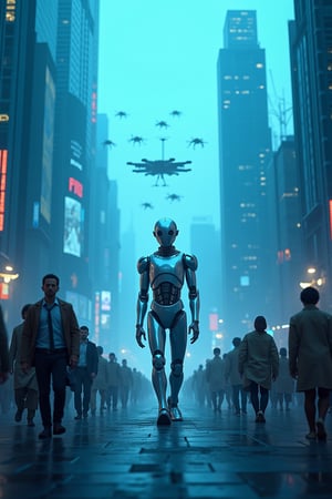 A futuristic cityscape with sleek skyscrapers and neon-lit streets. In the center, a humanoid robot stands tall, its metallic body gleaming under the cold blue light of the urban jungle. A procession of humans, dressed in humble attire, march in line behind it, their faces expressionless as they carry out mundane tasks. The atmosphere is eerie, with a hint of industrial hum and the soft beeps of machinery. In the distance, a giant screen displays a city map, where AI-controlled drones hover like insects, monitoring every move.