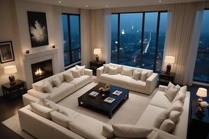 Aerial view of a luxurious living room awash with soft cream and white cushions scattered about. Crisp white walls emit a gentle glow, while sheer curtains filter faint luminescence casting an ethereal ambiance. Dark shadows dance on the walls as nocturnal city lights outside twinkle like stars in the darkness, bathing the interior in a dimly lit haze.